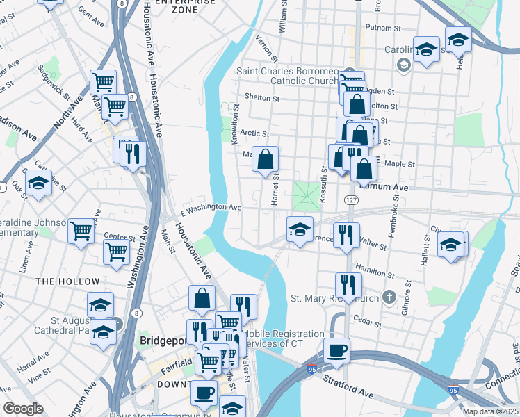 map of restaurants, bars, coffee shops, grocery stores, and more near 365 East Washington Avenue in Bridgeport