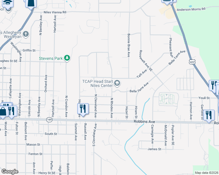 map of restaurants, bars, coffee shops, grocery stores, and more near 1458 Youll Street in Niles