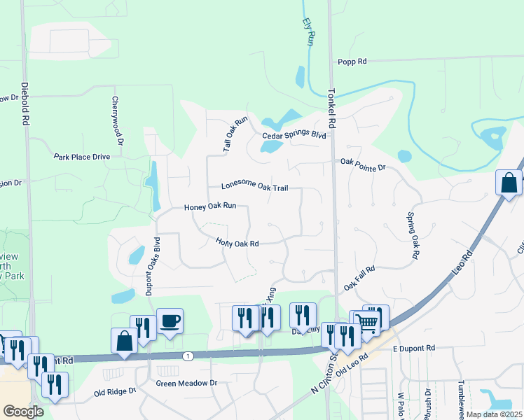 map of restaurants, bars, coffee shops, grocery stores, and more near 11036 Brandy Oak Run in Fort Wayne