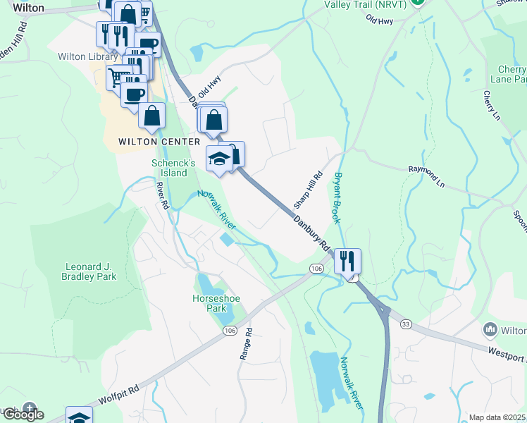 map of restaurants, bars, coffee shops, grocery stores, and more near 211 Danbury Road in Wilton