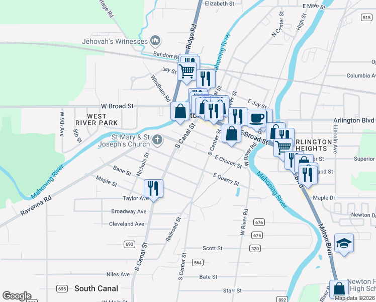 map of restaurants, bars, coffee shops, grocery stores, and more near 37 East Quarry Street in Newton Falls