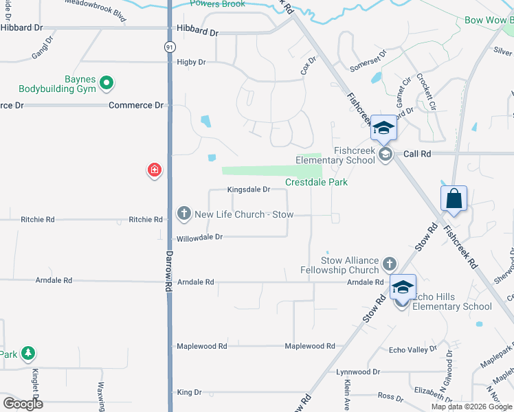 map of restaurants, bars, coffee shops, grocery stores, and more near 2036 Crestdale Drive in Stow