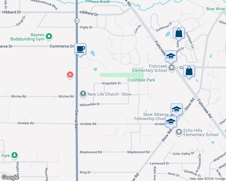 map of restaurants, bars, coffee shops, grocery stores, and more near 2036 Crestdale Drive in Stow