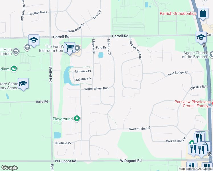 map of restaurants, bars, coffee shops, grocery stores, and more near 2831 Water Wheel Run in Fort Wayne