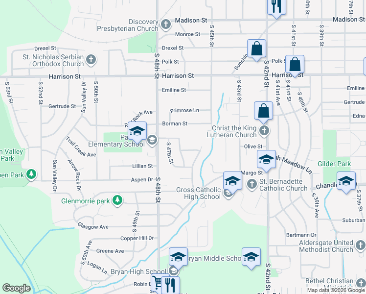 map of restaurants, bars, coffee shops, grocery stores, and more near 7508 South 46th Avenue in Bellevue