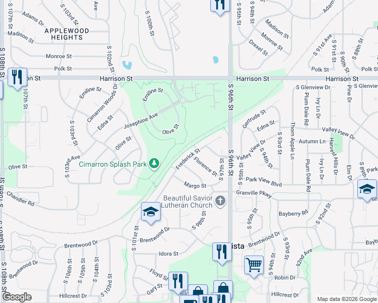 map of restaurants, bars, coffee shops, grocery stores, and more near 7412 Frederick Street in La Vista