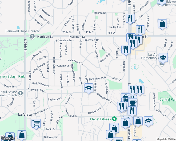 map of restaurants, bars, coffee shops, grocery stores, and more near 7317 South 89th Street in La Vista