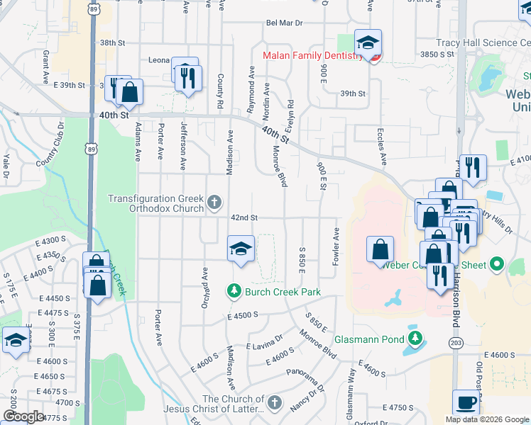 map of restaurants, bars, coffee shops, grocery stores, and more near 797 42nd Street in Ogden