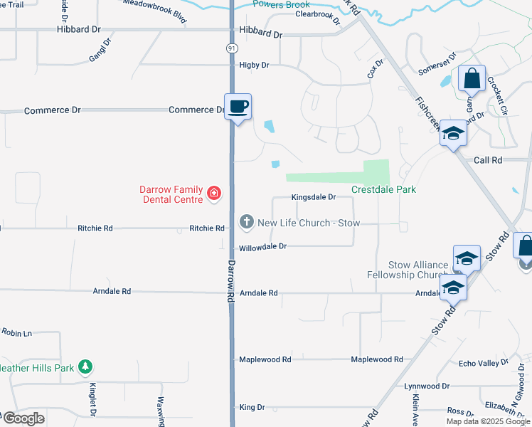 map of restaurants, bars, coffee shops, grocery stores, and more near 4411 Larkdale Drive in Stow