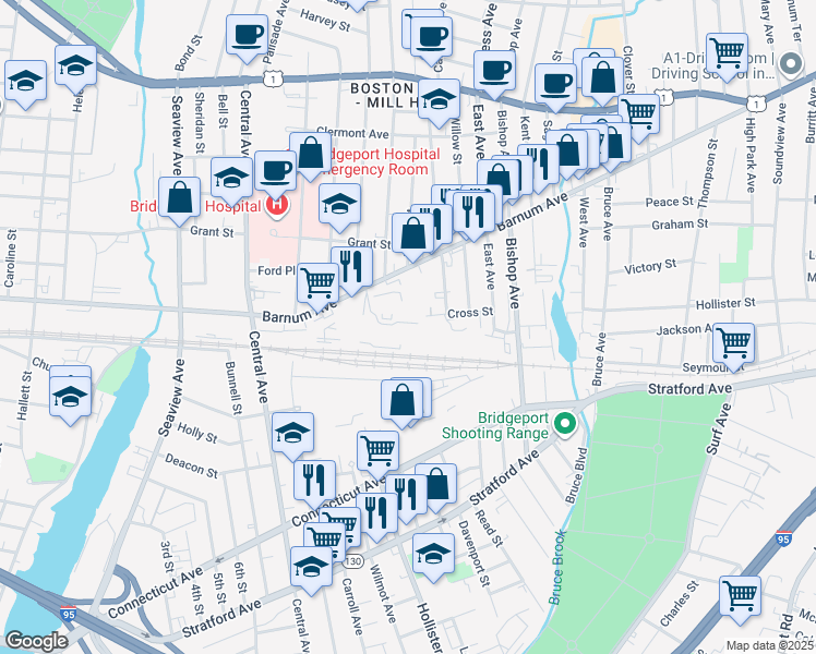 map of restaurants, bars, coffee shops, grocery stores, and more near 1 Cross Street in Bridgeport