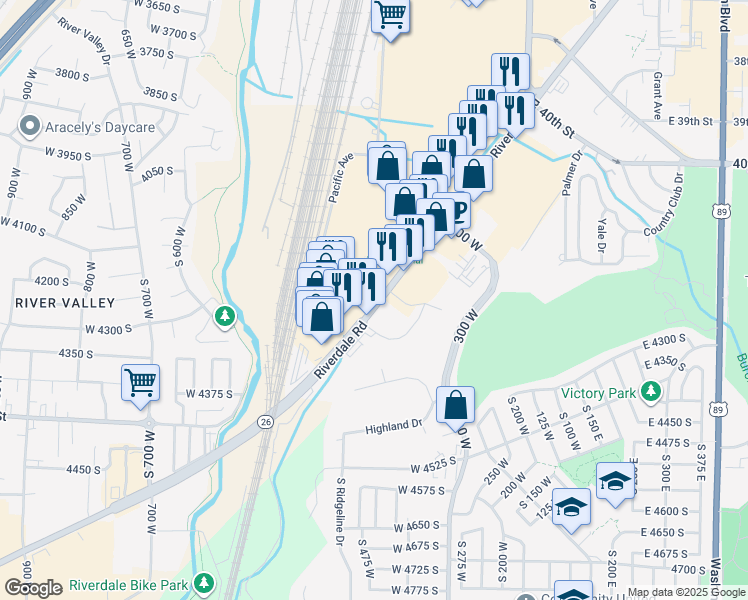 map of restaurants, bars, coffee shops, grocery stores, and more near 4185 Riverdale Road in Riverdale