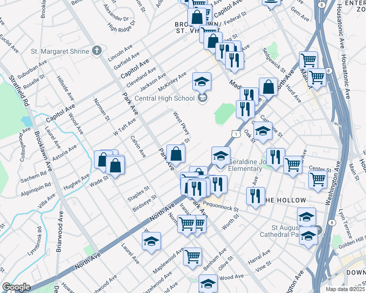 map of restaurants, bars, coffee shops, grocery stores, and more near 97 East Eaton Street in Bridgeport