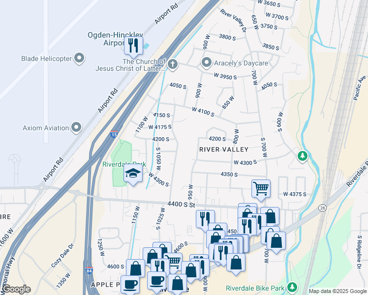 map of restaurants, bars, coffee shops, grocery stores, and more near 4250 South 1000 West in Riverdale