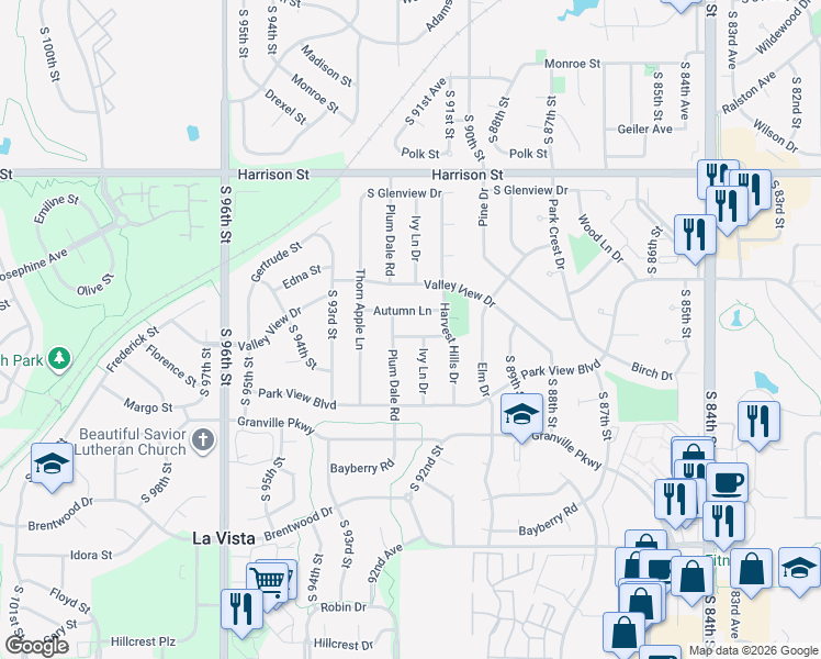 map of restaurants, bars, coffee shops, grocery stores, and more near 7405 Ivy Lane Drive in La Vista
