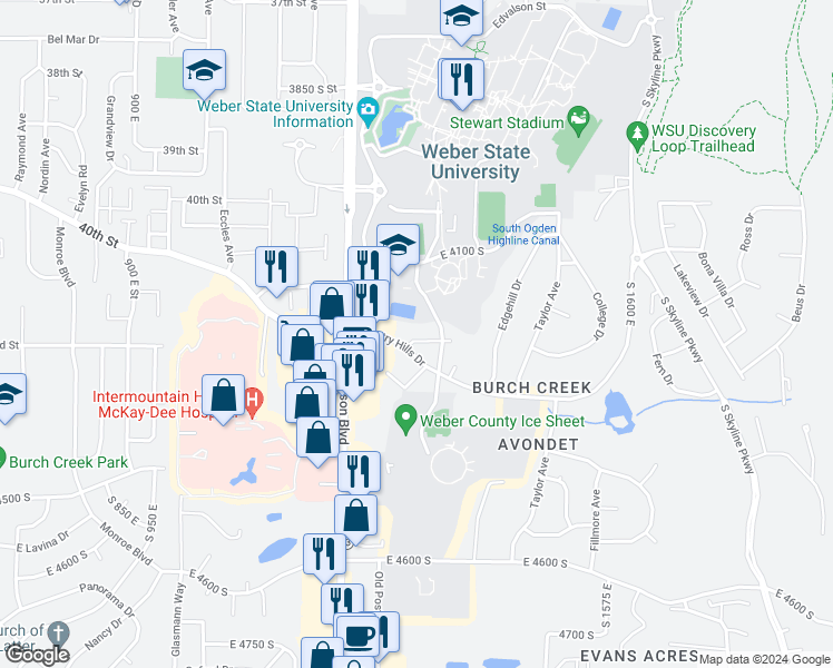 map of restaurants, bars, coffee shops, grocery stores, and more near 1313 Country Hills Drive in Ogden