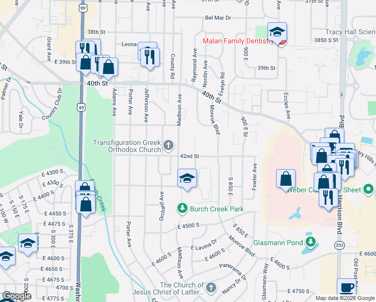 map of restaurants, bars, coffee shops, grocery stores, and more near 4220 South 750 East in South Ogden
