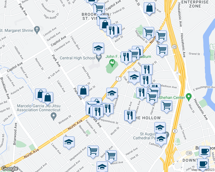 map of restaurants, bars, coffee shops, grocery stores, and more near 1492 North Avenue in Bridgeport