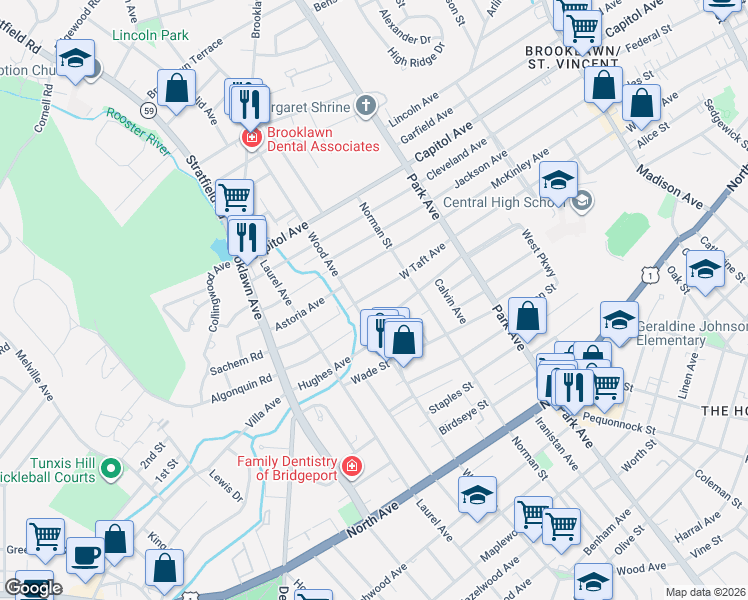 map of restaurants, bars, coffee shops, grocery stores, and more near 1055 Wood Avenue in Bridgeport