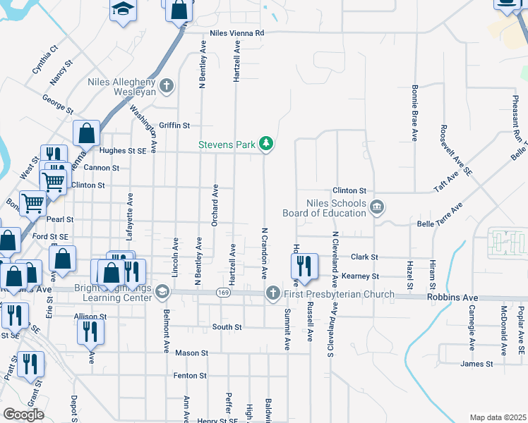 map of restaurants, bars, coffee shops, grocery stores, and more near 150 North Crandon Avenue in Niles