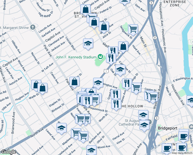 map of restaurants, bars, coffee shops, grocery stores, and more near 1492 North Avenue in Bridgeport