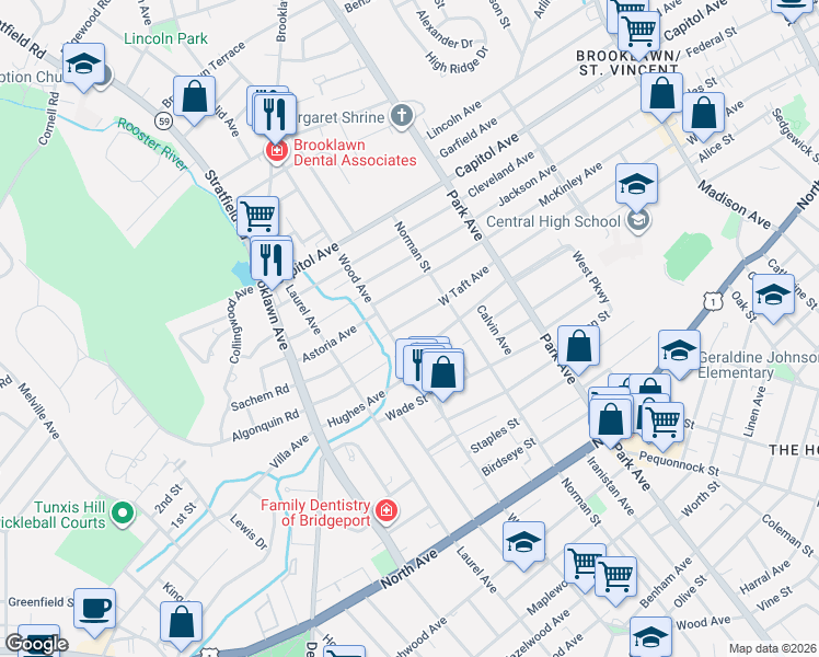 map of restaurants, bars, coffee shops, grocery stores, and more near 1055 Wood Avenue in Bridgeport