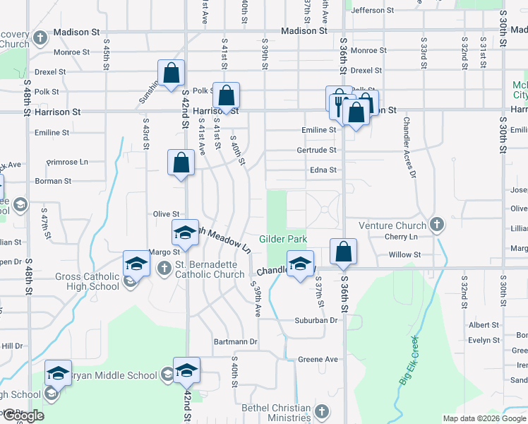 map of restaurants, bars, coffee shops, grocery stores, and more near 3916 Baldwin Circle in Bellevue