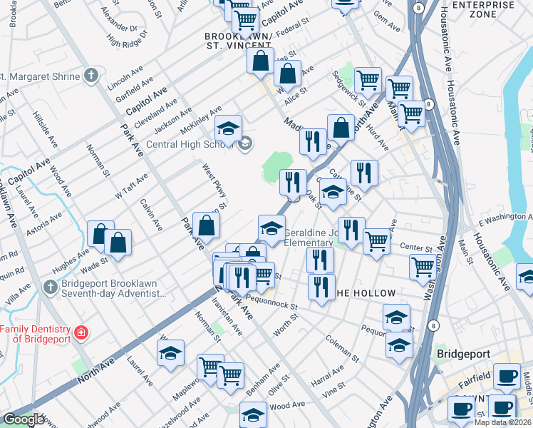 map of restaurants, bars, coffee shops, grocery stores, and more near 1492 North Avenue in Bridgeport