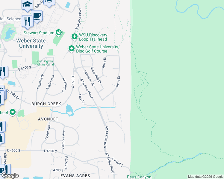 map of restaurants, bars, coffee shops, grocery stores, and more near 1812 Beus Drive in Ogden
