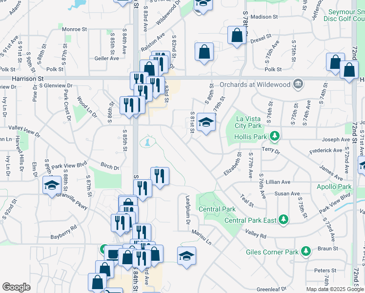 map of restaurants, bars, coffee shops, grocery stores, and more near 8101 Valley Road in La Vista