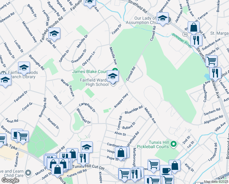 map of restaurants, bars, coffee shops, grocery stores, and more near 755 Melville Avenue in Fairfield