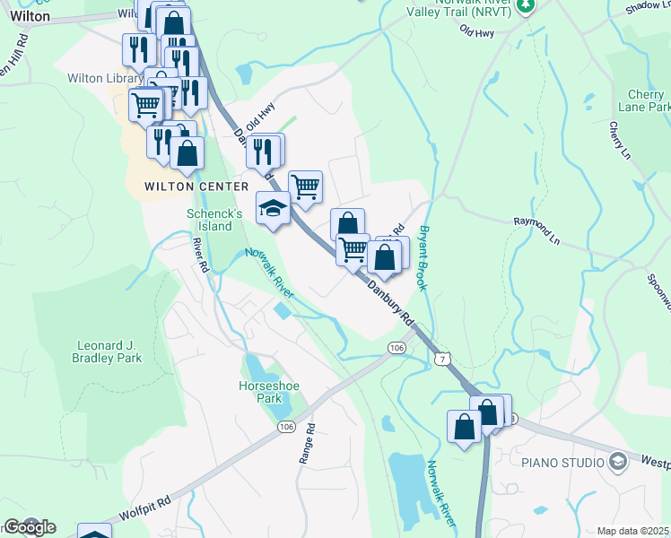 map of restaurants, bars, coffee shops, grocery stores, and more near 211 Danbury Road in Wilton