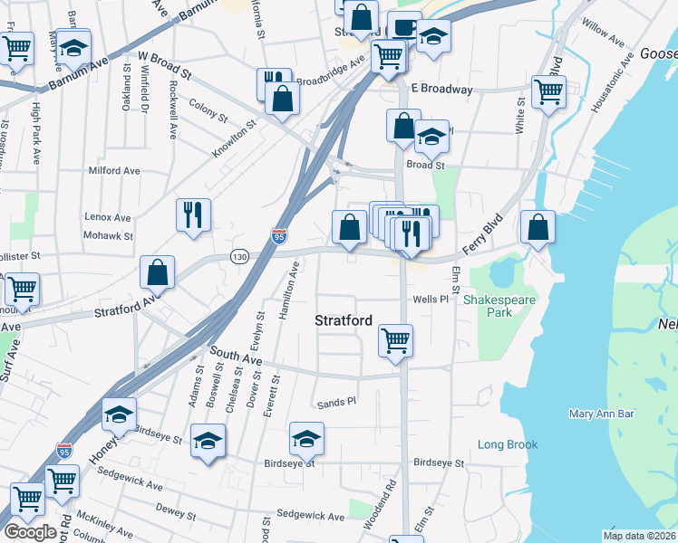 map of restaurants, bars, coffee shops, grocery stores, and more near in Stratford