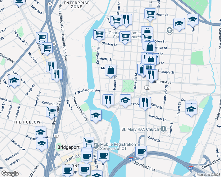 map of restaurants, bars, coffee shops, grocery stores, and more near 365 East Washington Avenue in Bridgeport