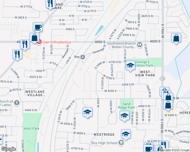 map of restaurants, bars, coffee shops, grocery stores, and more near 4269 2350 West Street in Roy