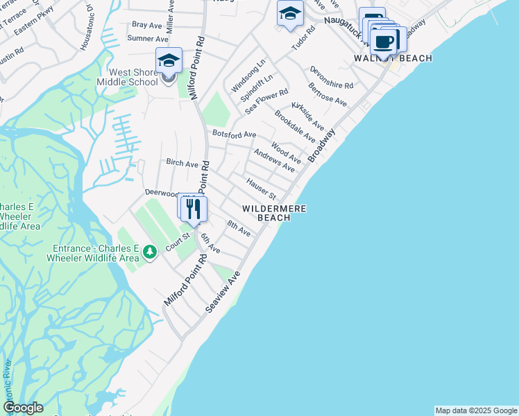 map of restaurants, bars, coffee shops, grocery stores, and more near 35 Grant Street in Milford