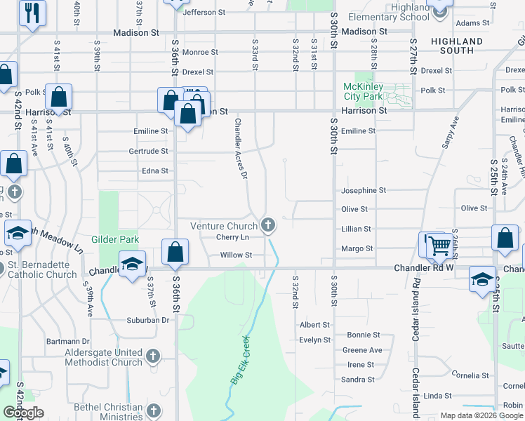 map of restaurants, bars, coffee shops, grocery stores, and more near 7305 Chandler Acres Drive in Bellevue