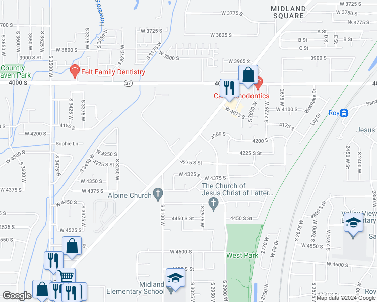 map of restaurants, bars, coffee shops, grocery stores, and more near 4244 Midland Drive in Roy