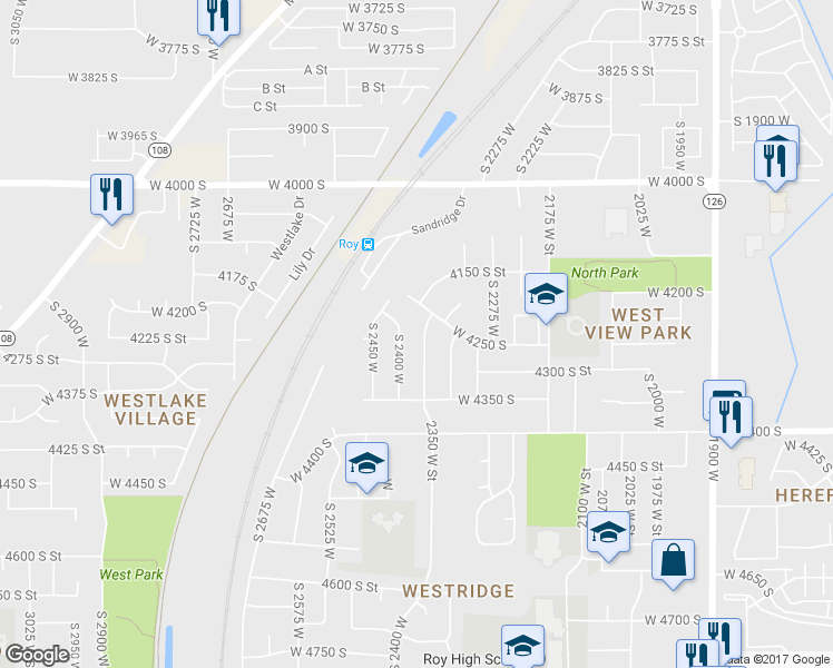 map of restaurants, bars, coffee shops, grocery stores, and more near 4269 2350 West Street in Roy