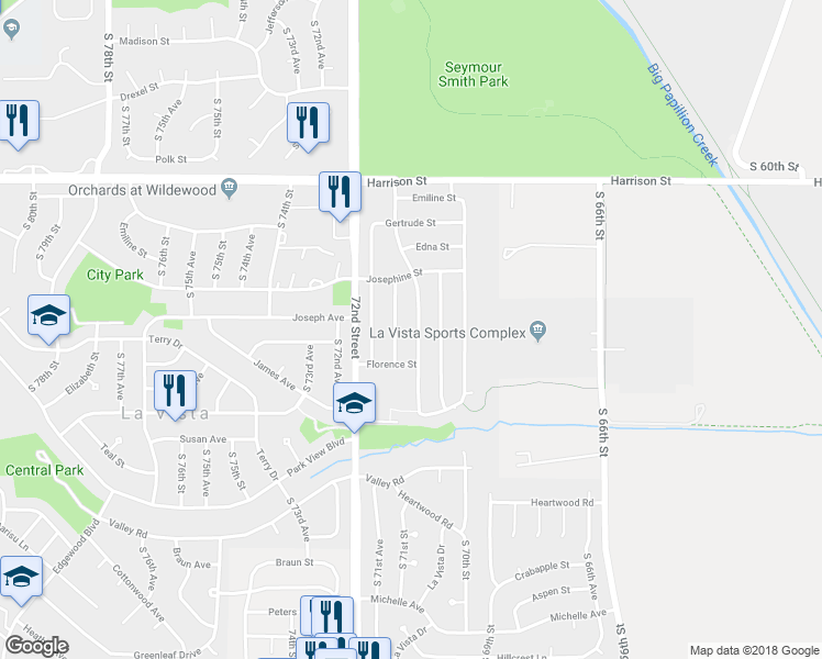 map of restaurants, bars, coffee shops, grocery stores, and more near 7336 La Vista Drive in La Vista