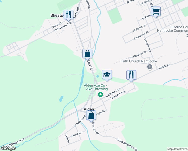 map of restaurants, bars, coffee shops, grocery stores, and more near 25 Robert Street in Nanticoke