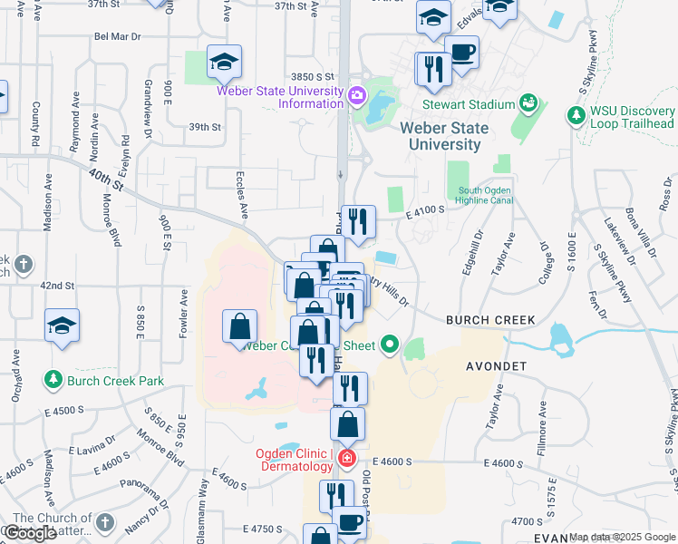 map of restaurants, bars, coffee shops, grocery stores, and more near 4185 Harrison Boulevard in Ogden