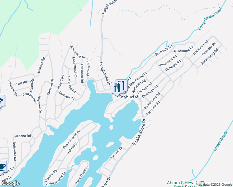 map of restaurants, bars, coffee shops, grocery stores, and more near 3 Riverside Road in West Milford