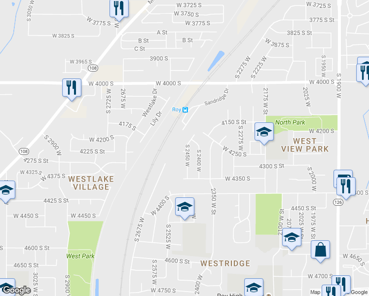 map of restaurants, bars, coffee shops, grocery stores, and more near 4237 South 2450 West in Roy