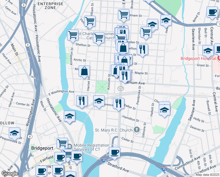 map of restaurants, bars, coffee shops, grocery stores, and more near 378 Barnum Avenue in Bridgeport