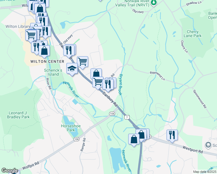 map of restaurants, bars, coffee shops, grocery stores, and more near 16 Sharp Hill Road in Wilton