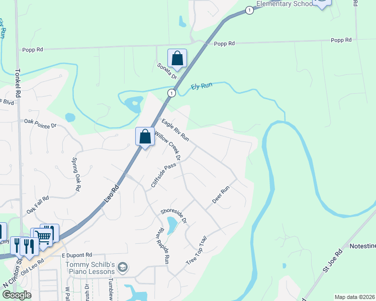 map of restaurants, bars, coffee shops, grocery stores, and more near 11025 River Rapids Run in Fort Wayne