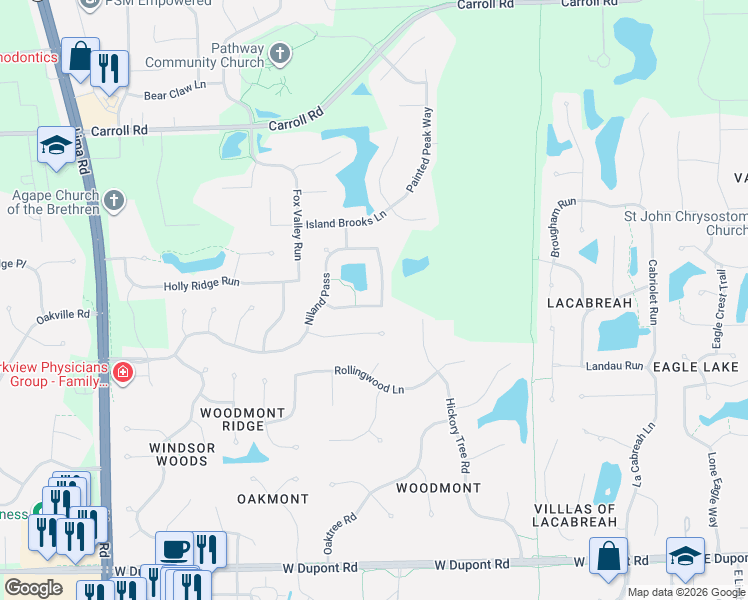 map of restaurants, bars, coffee shops, grocery stores, and more near 11331 Bromley Cove in Fort Wayne