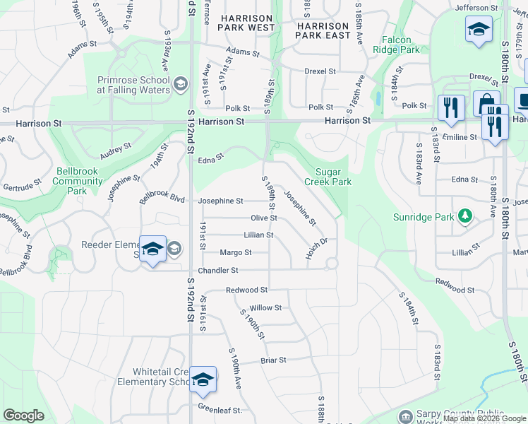 map of restaurants, bars, coffee shops, grocery stores, and more near 18912 Josephine Street in Omaha