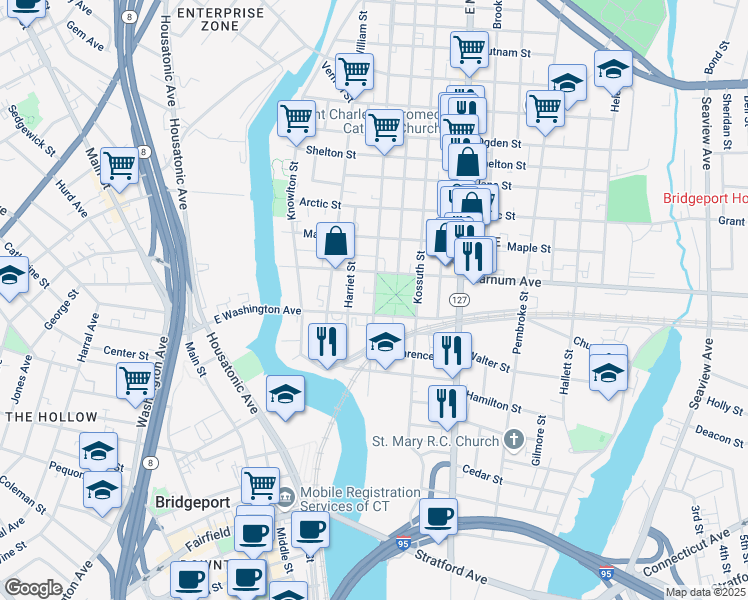 map of restaurants, bars, coffee shops, grocery stores, and more near 387 Noble Avenue in Bridgeport