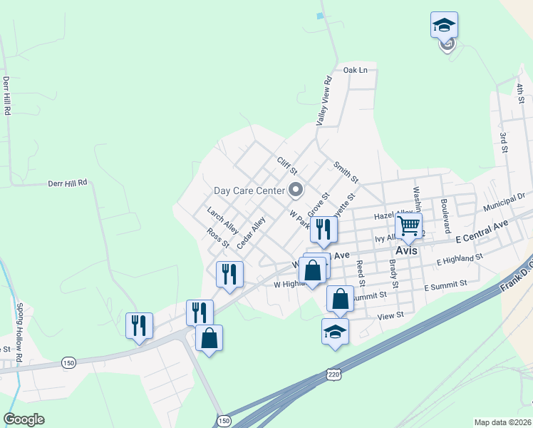 map of restaurants, bars, coffee shops, grocery stores, and more near Cedar Alley in Avis